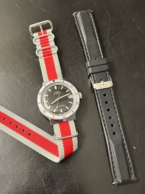 Timex Black Dial Automatic Dive Watch with Red & Gray NATO Strap